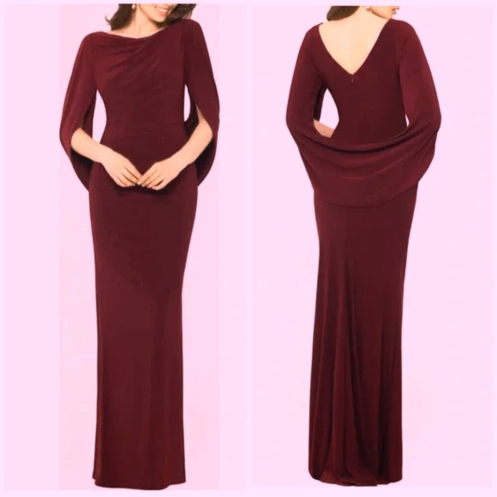 Betsy & Adam Wine Burgundy Cape Long Sleeve Trumpet Gown